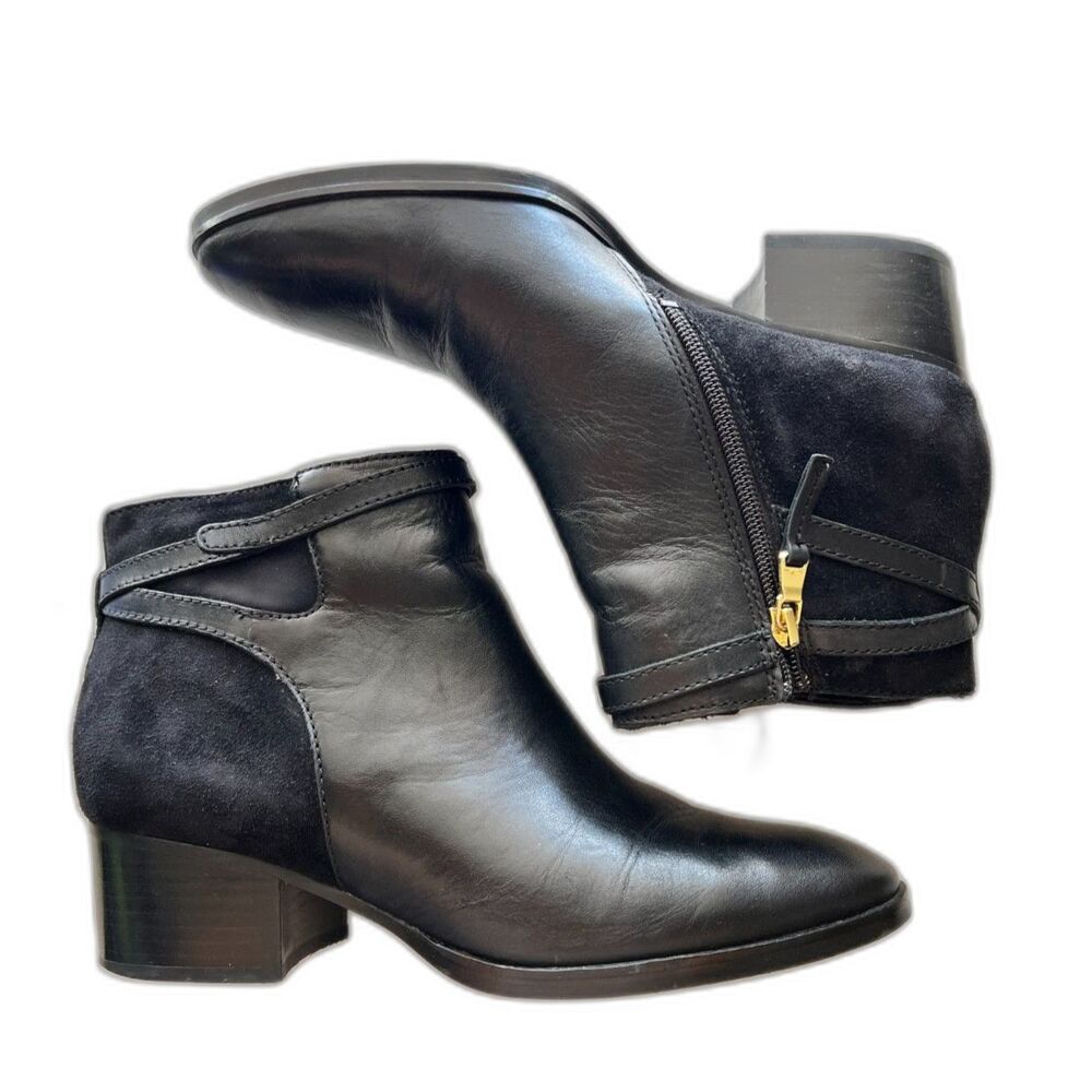 Lauren Ralph Lauren Heeled Booties Womens 9B Black 2" Block Heel Gold Zipper